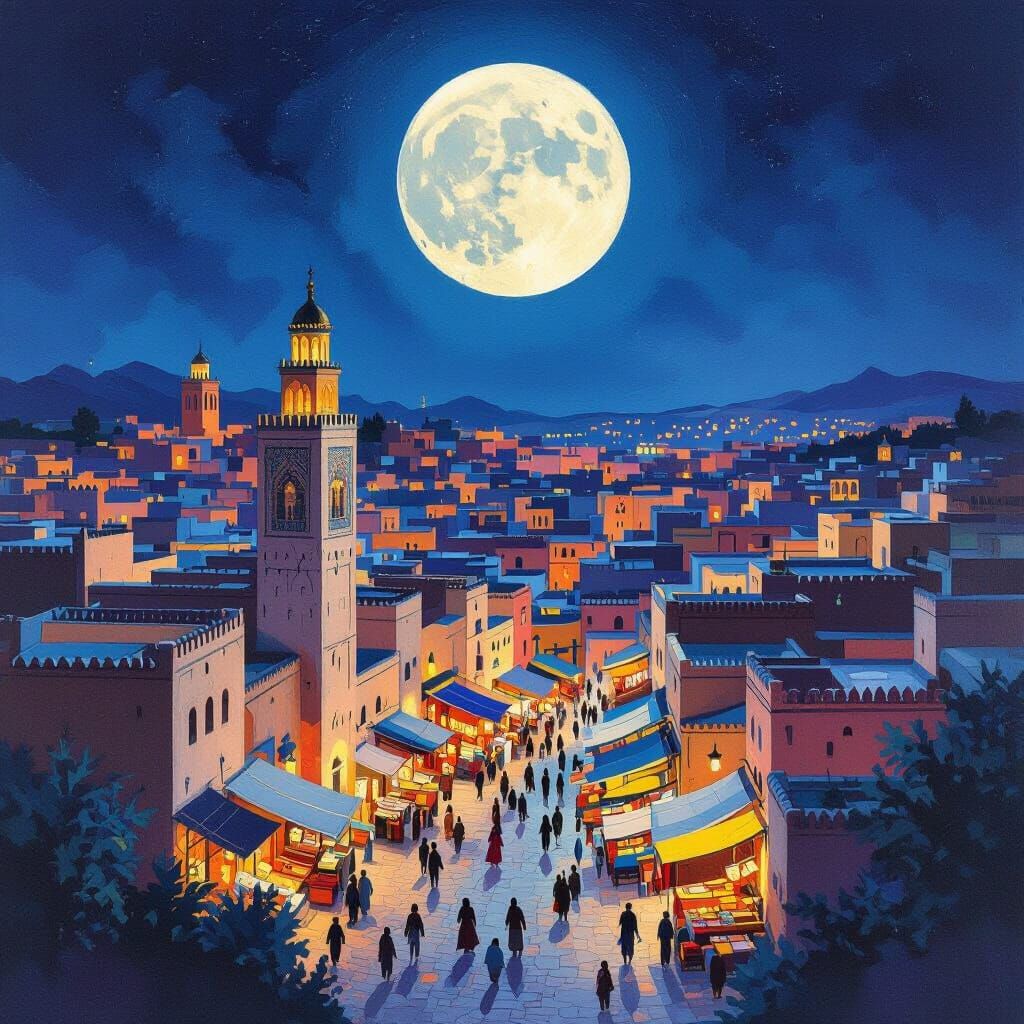 Moroccan Cityscape Under Luminous Full Moon