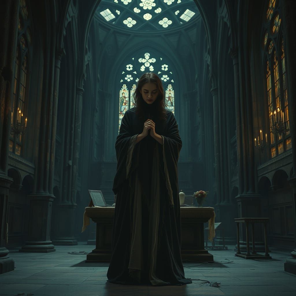 Gothic Virgin in Abandoned Cathedral at Midnight