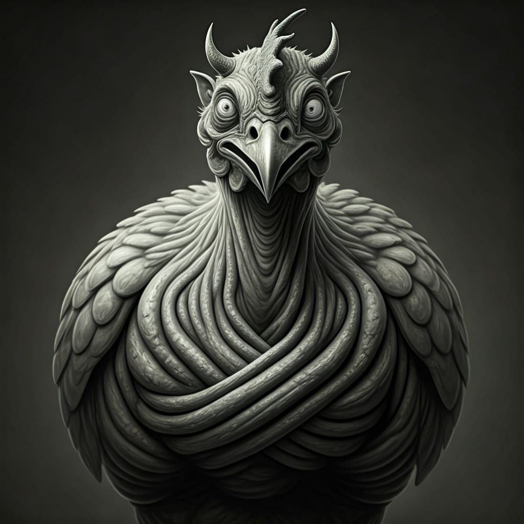 Grotesque Chicken-Devil Hybrid in Charcoal Style