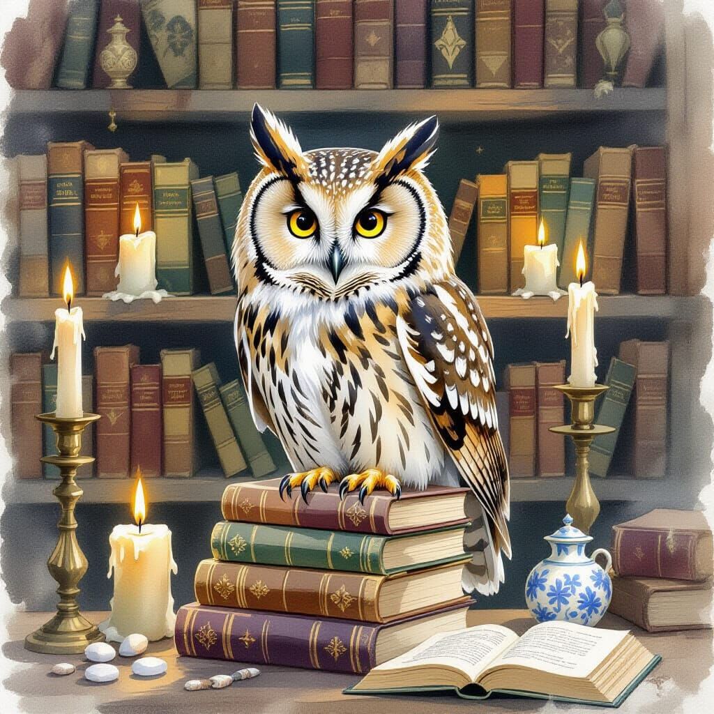 Wise Owl in Cozy Library: Watercolor Painting