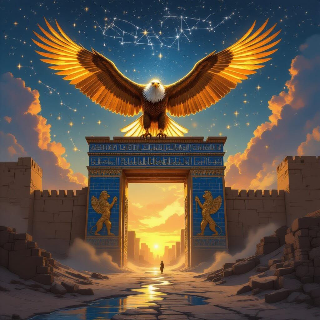 Golden Eagle Over Ancient Babylon's Ishtar Gate