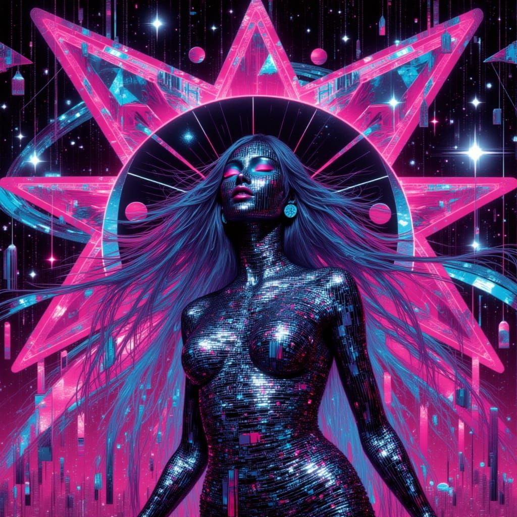 Retro Futuristic Fashion Model in Iridescent Zebra Skin