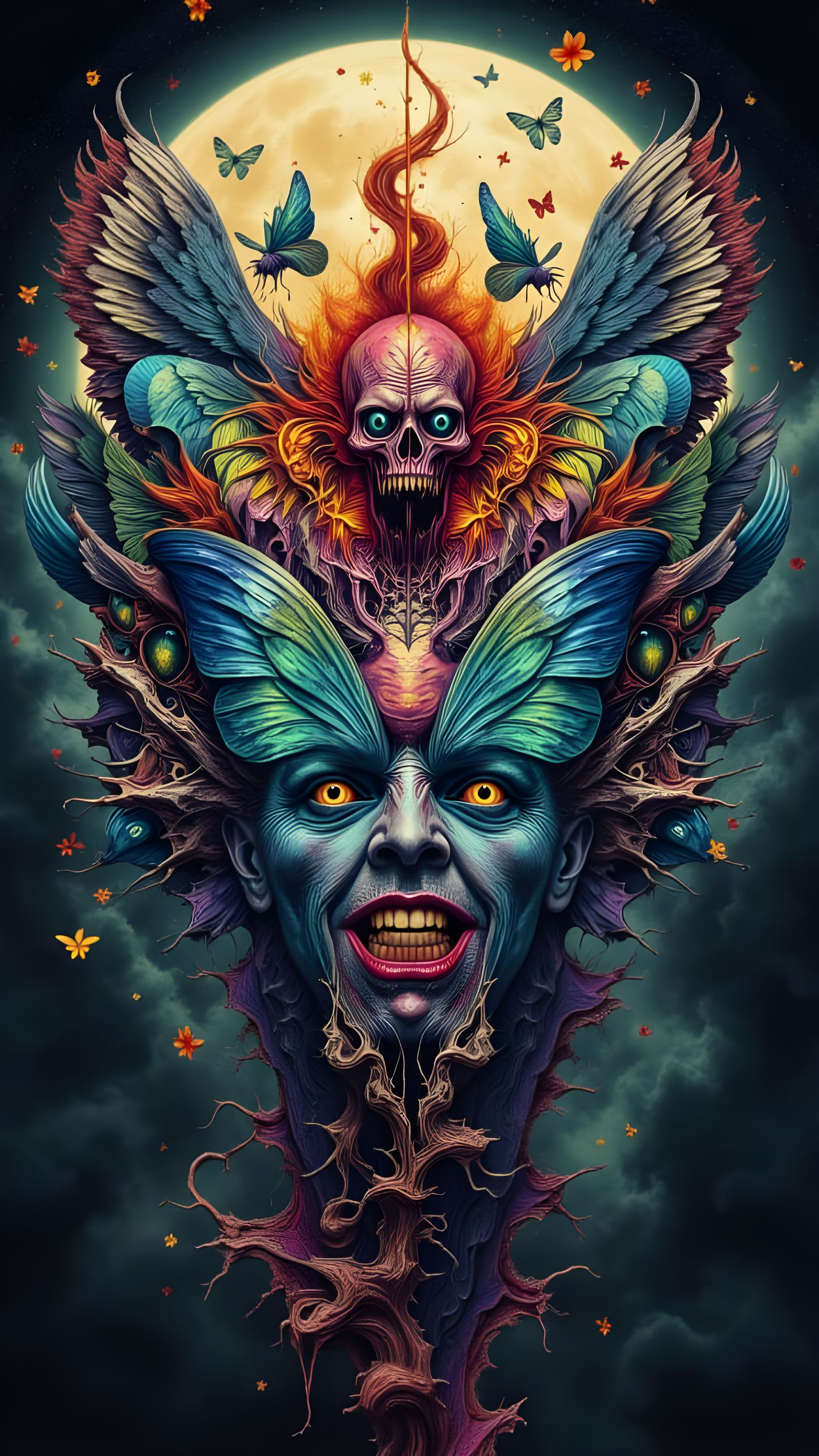 Fractured Man's Face with Butterfly Wings and Eyes