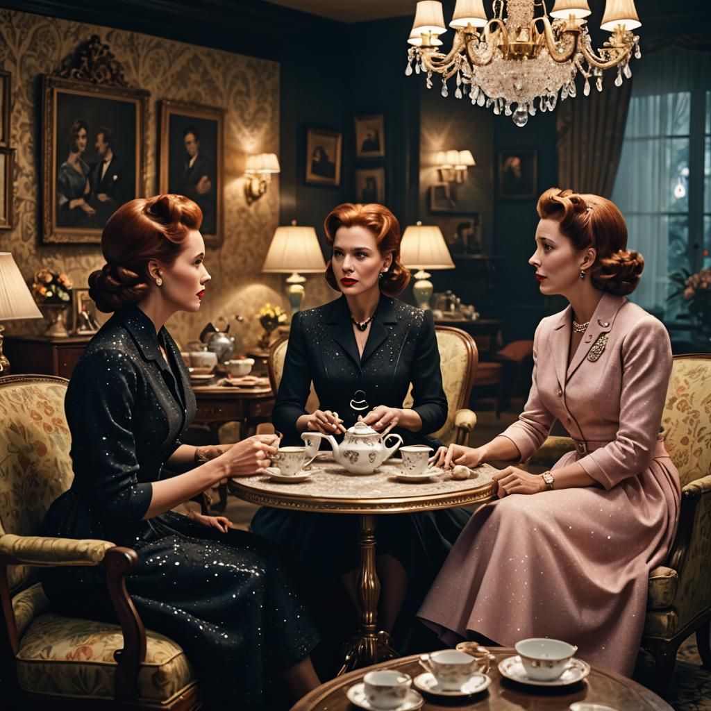 1950s Housewives Gossip in Dark Living Room