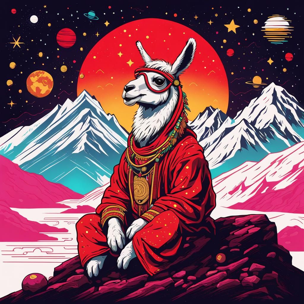 Surreal Llama in Tibetan Regalia Ascends Celestial Realm