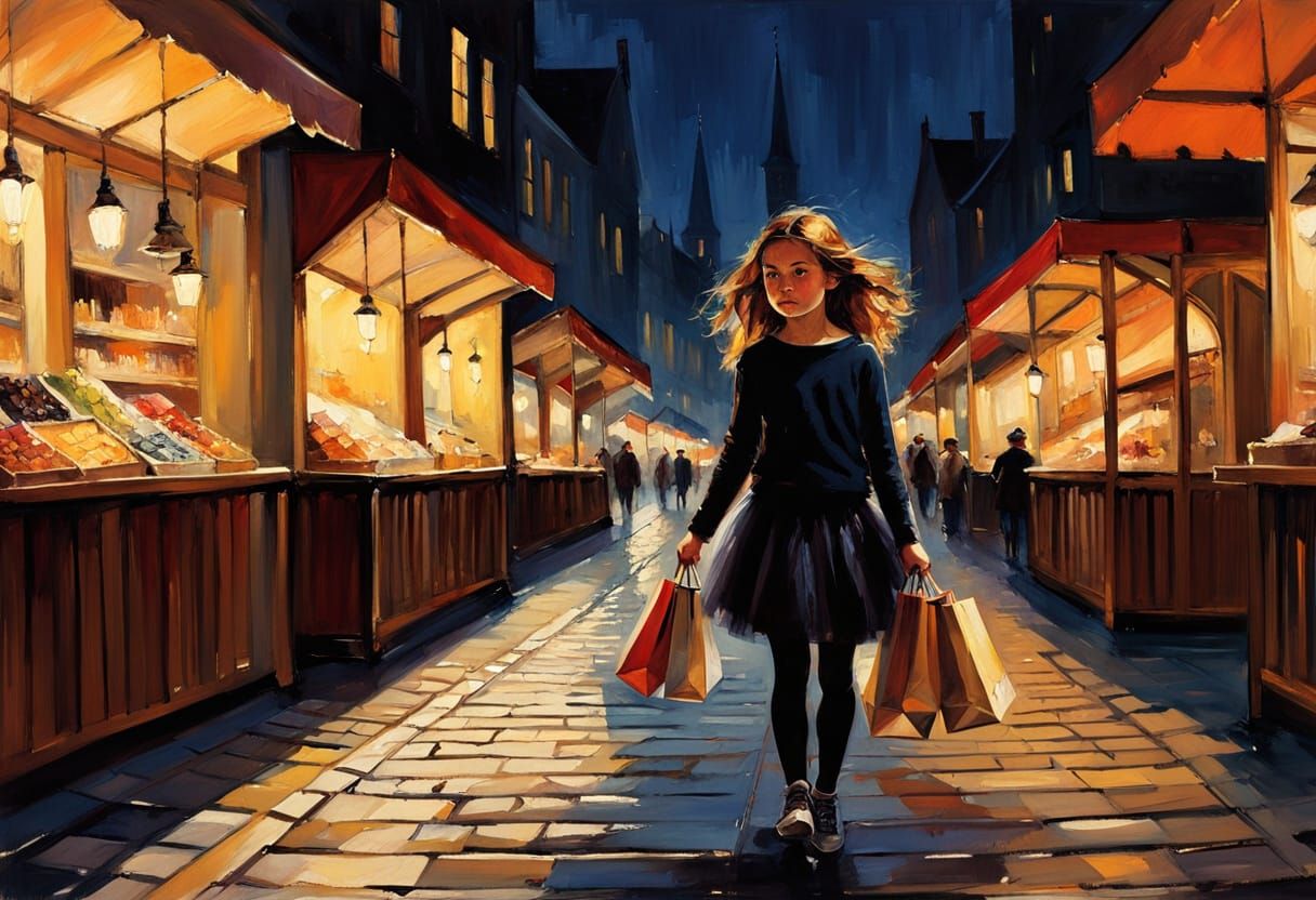Mysterious Night Market Scene in Oil on Canvas Style
