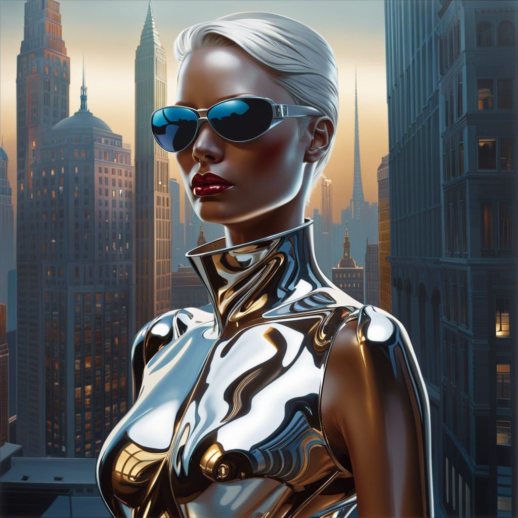 Supermodel Made of Liquid Metal Icons the City at Sunset