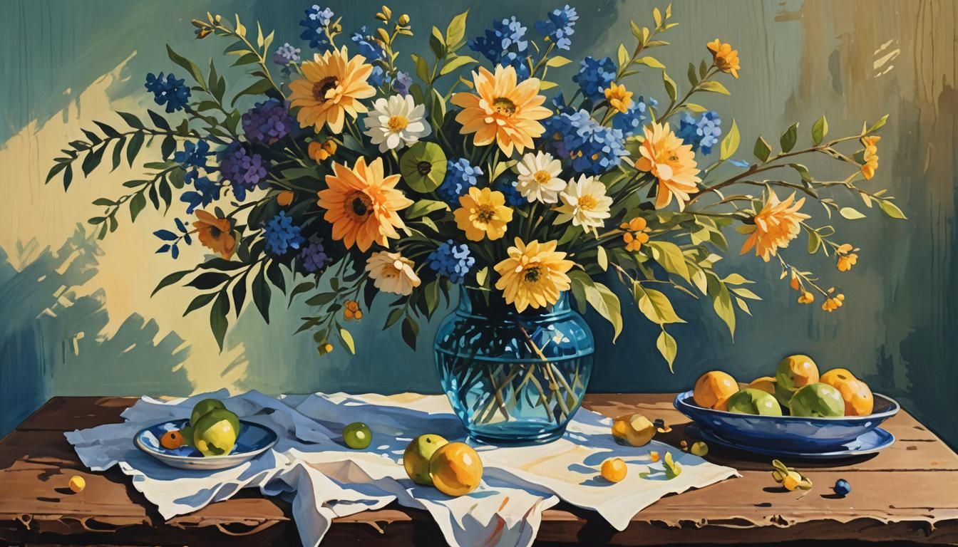 Whimsical Still Life Masterpiece with Vibrant Gouache Colors