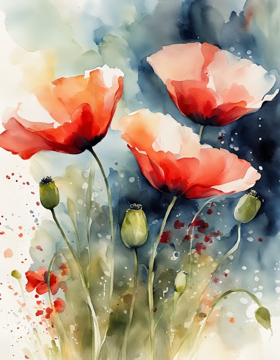 Vibrant Red Poppies in Watercolor Splendor