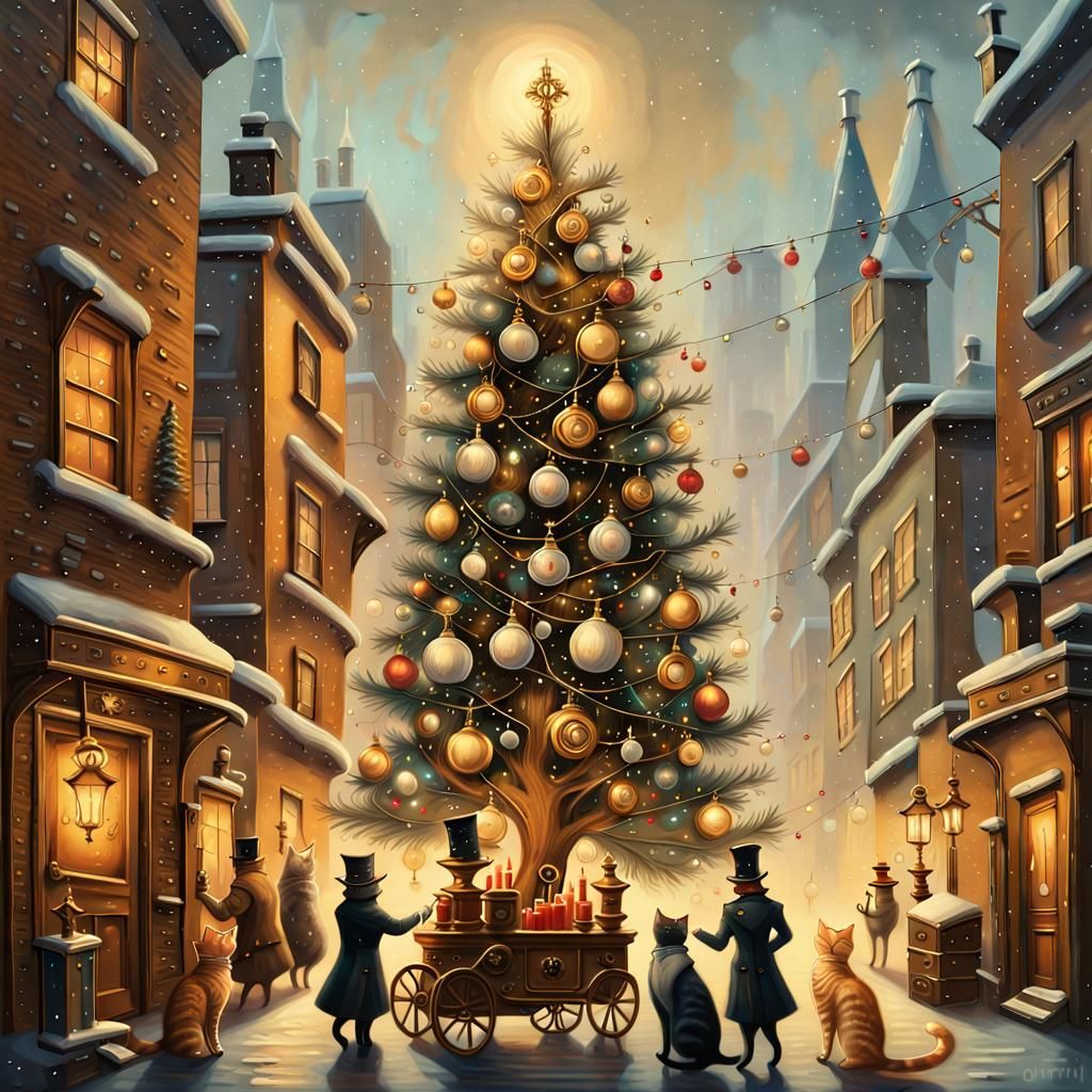 Steampunk Cats Adorn Christmas Tree in a Foggy Alleyway