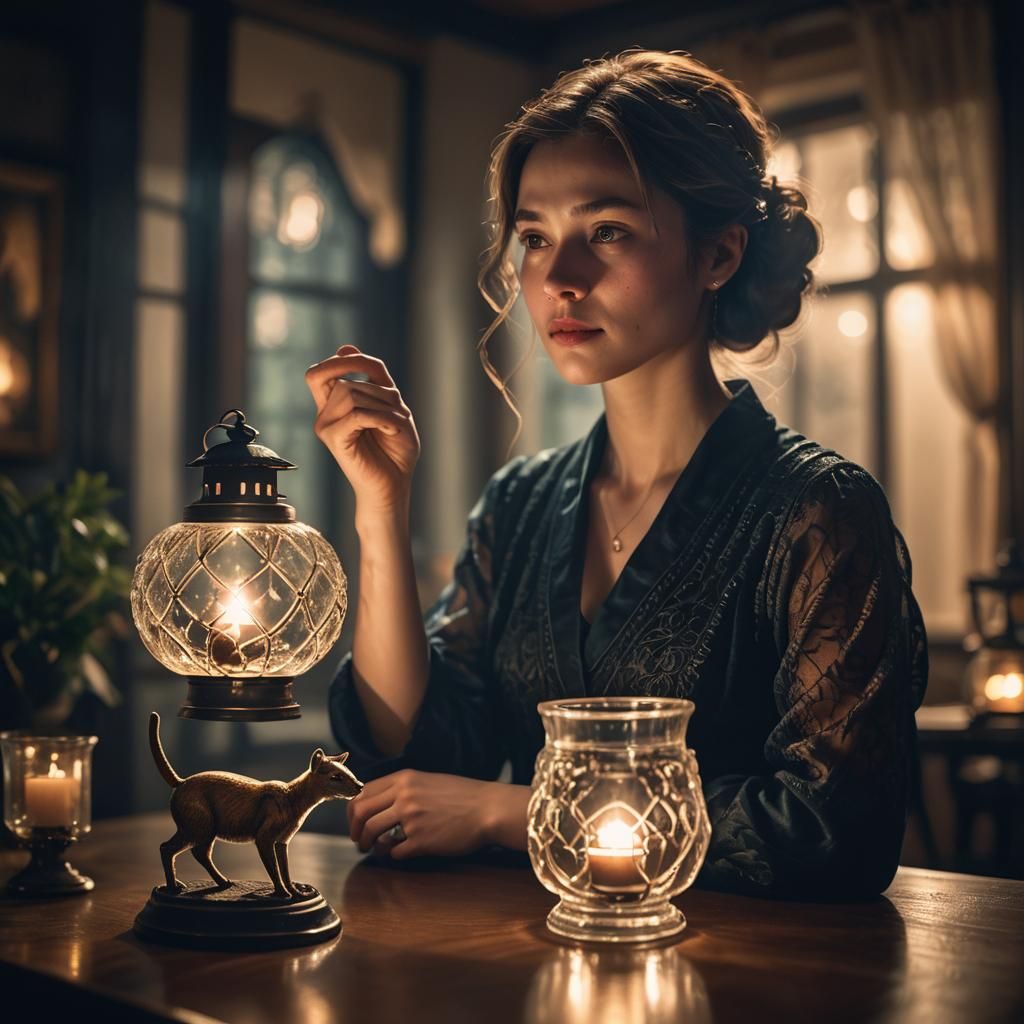 Woman Contemplating Delicate Glass Animal in Dimly Lit Room