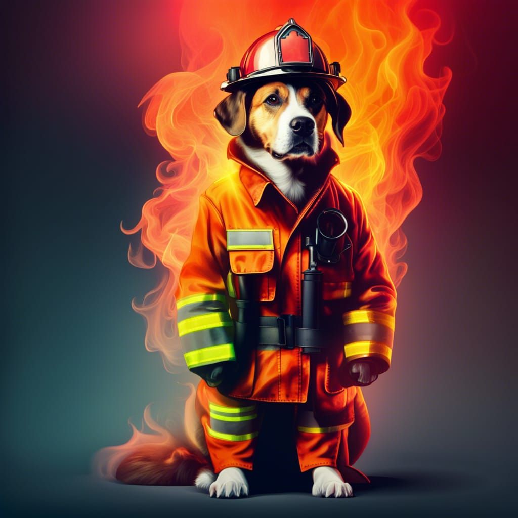 Cyberpunk Cityscape with a Heroic Canine Firefighter