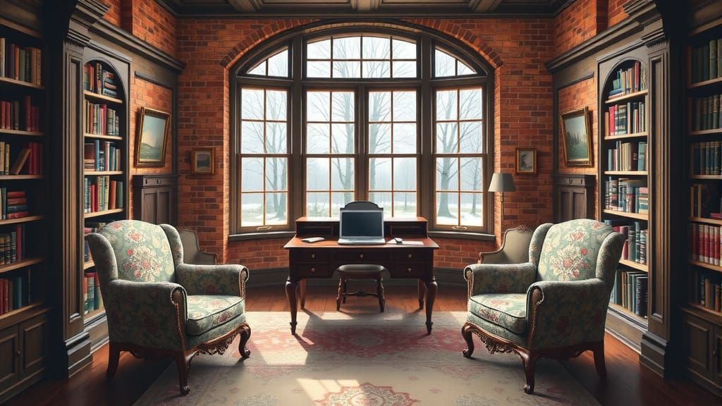 Victorian Library Oil Painting with Snowy Landscape