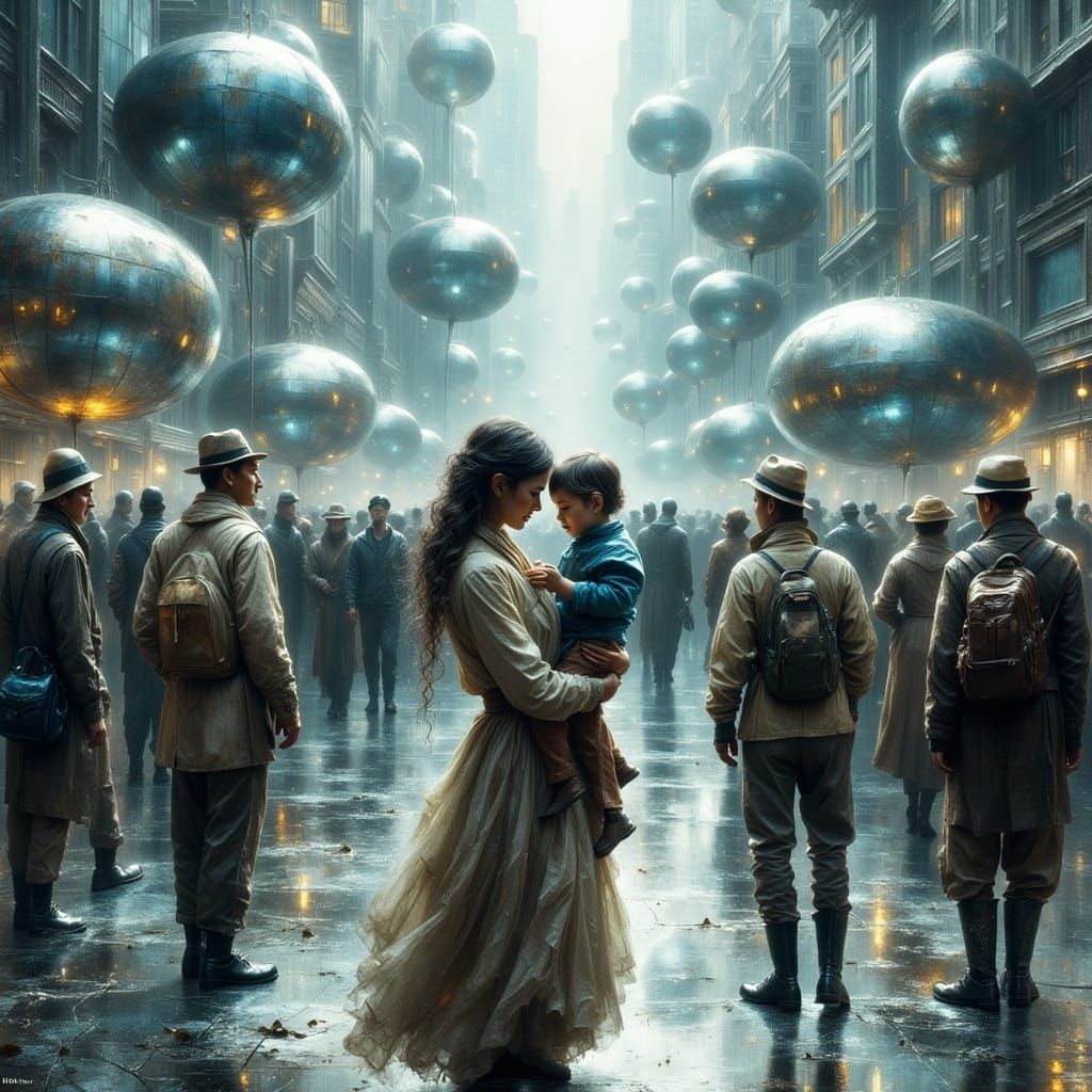 Dystopian Cityscape: Mother and Child Seek Refuge in Futuris...