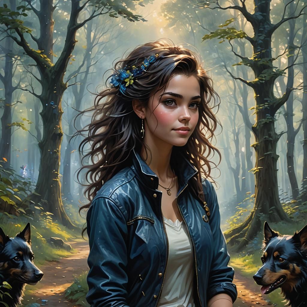 Ethereal Fantasy Woman Walks in Enchanted Forest with Dog