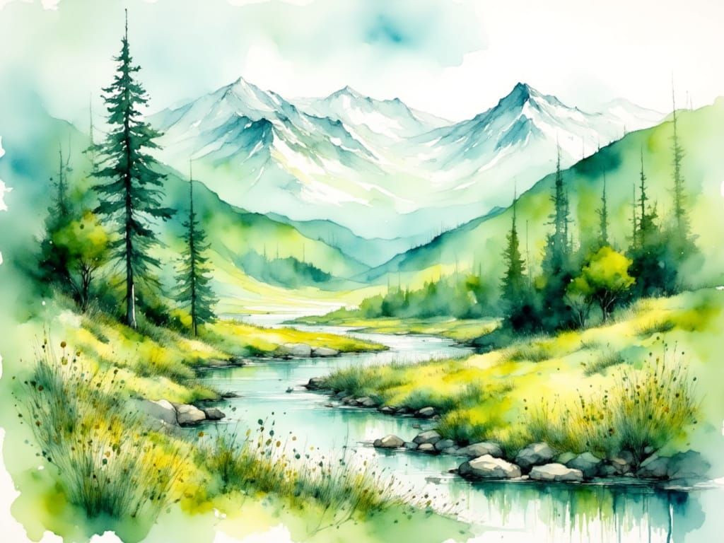 Vibrant Spring Landscape in Expressive Watercolor Style