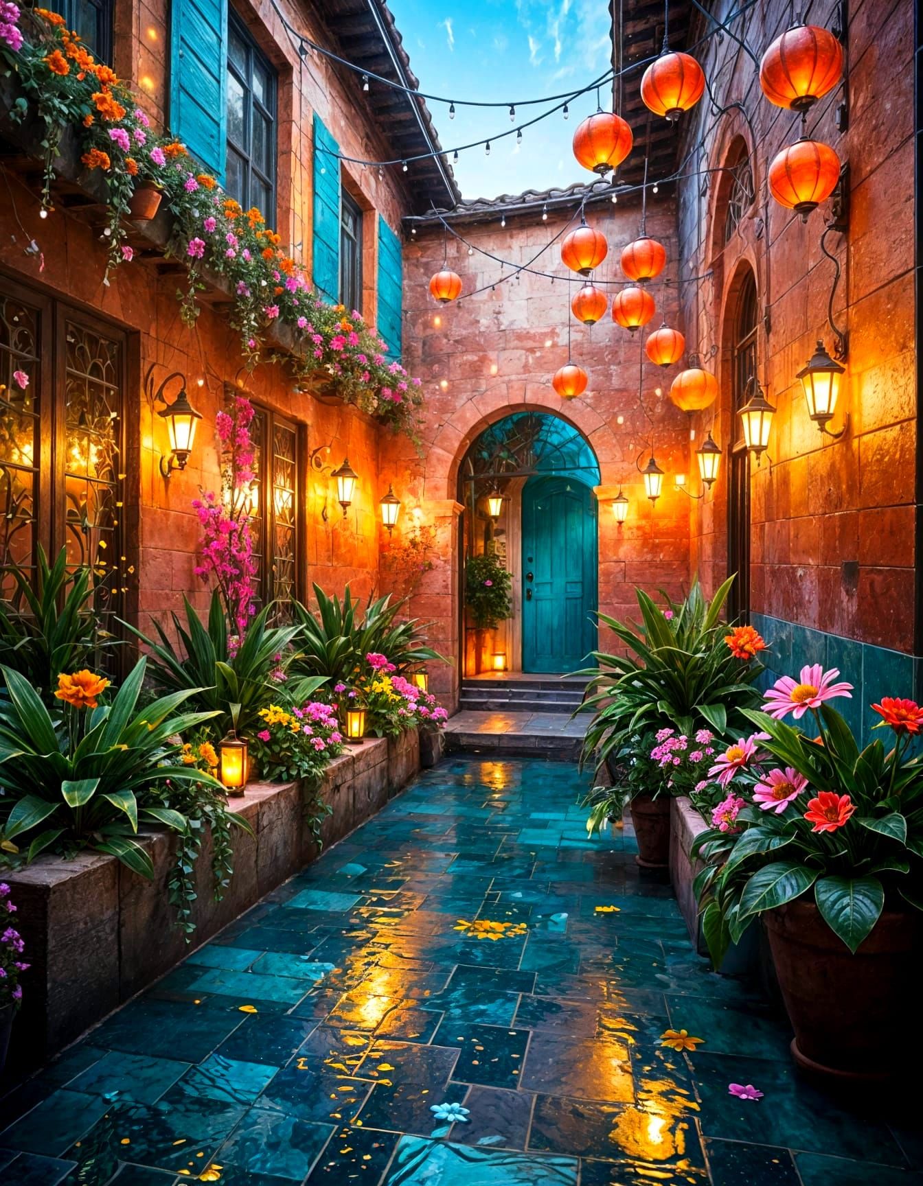 Vibrant Urban Courtyard with Rainbow Fountains