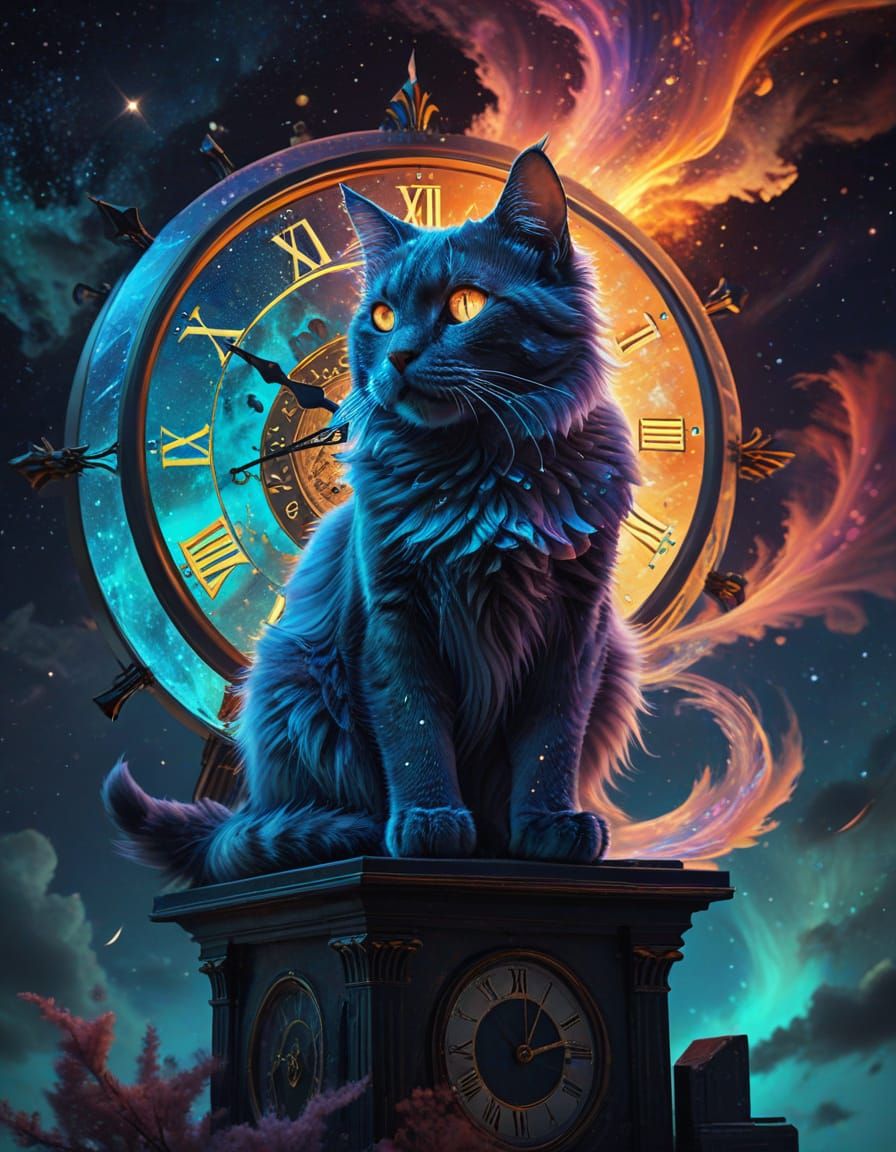 Otherworldly Cat on Floating Clock in Dreamlike Sky