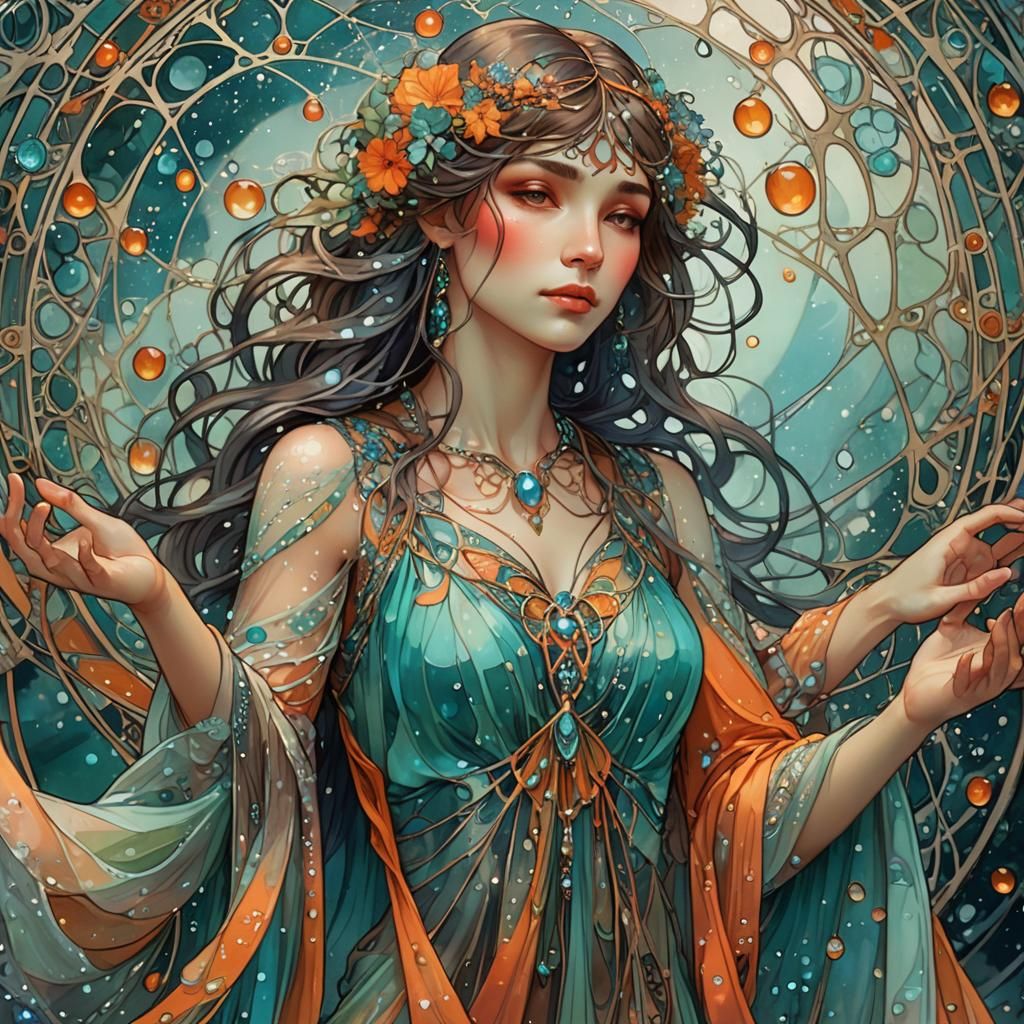 Woman Wraps Vibrant Web Dress in Art Nouveau Style