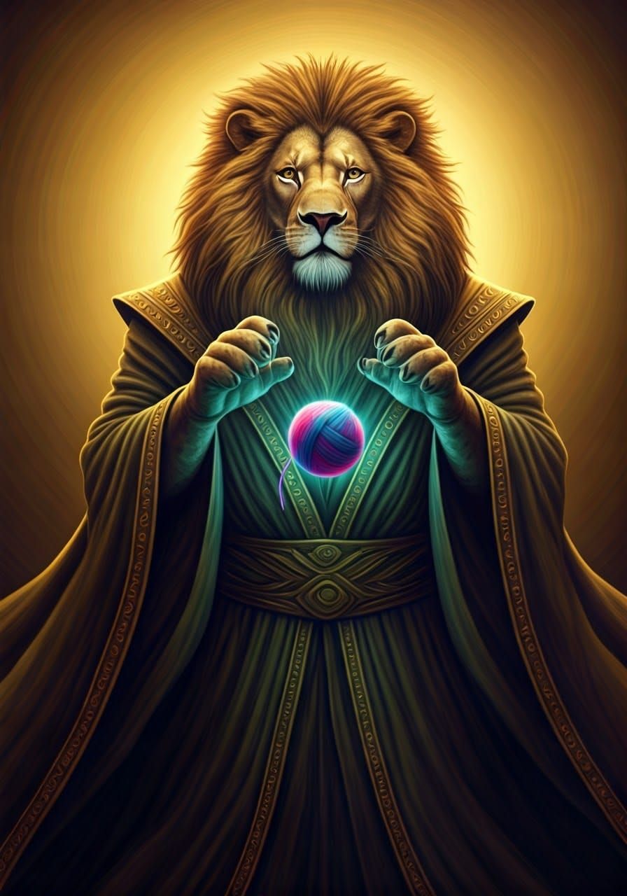 Regal Lion Wizard Levitates Whimsical Ball of Wool in Golden...