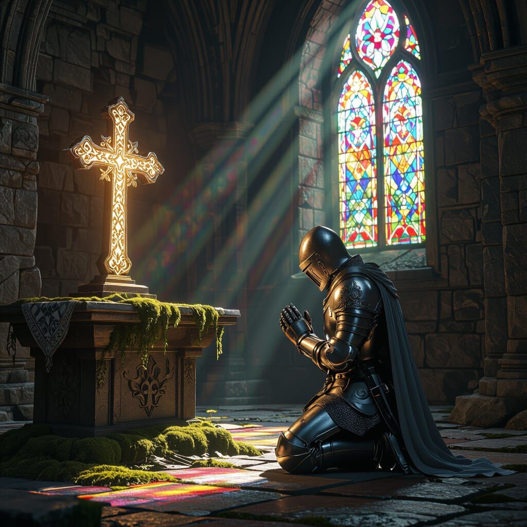 Knight in Prayer Before Glowing Cross in Ancient Temple