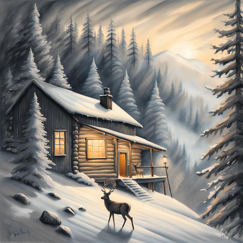 Cozy Winter Cabin Scene in Charcoal Drawing Style