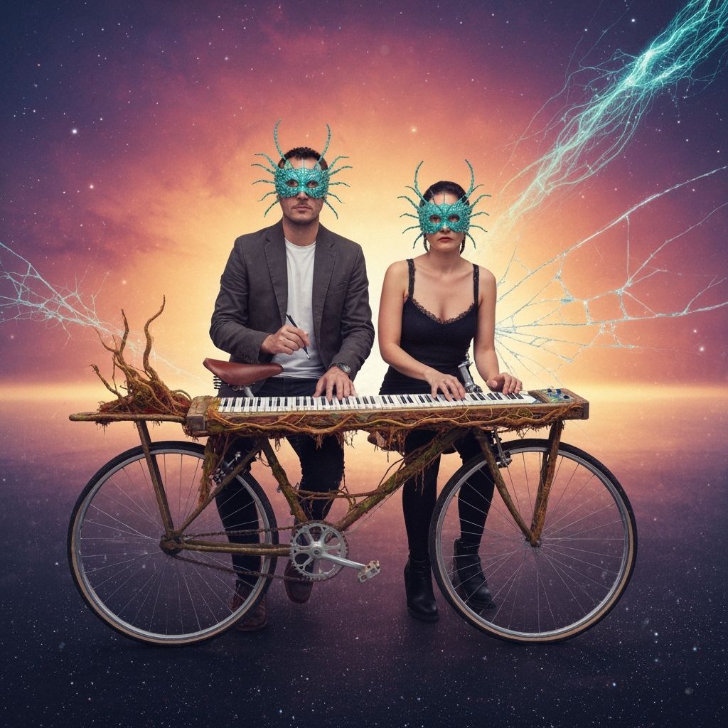 Ethereal Figures Compose Poems on Spaceship Bicycle