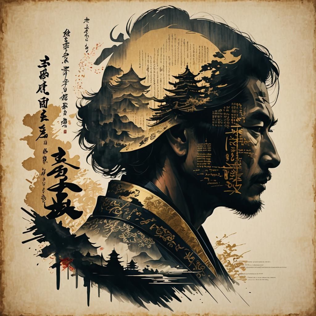 Elegant Samurai Profile Meets Artistic Calligraphy