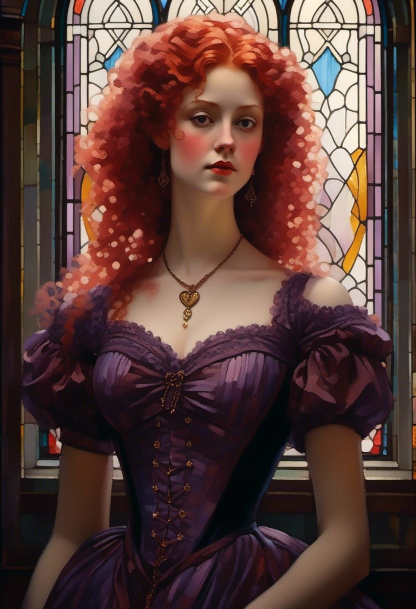 Victorian Woman with Red Hair in Stained Glass Style
