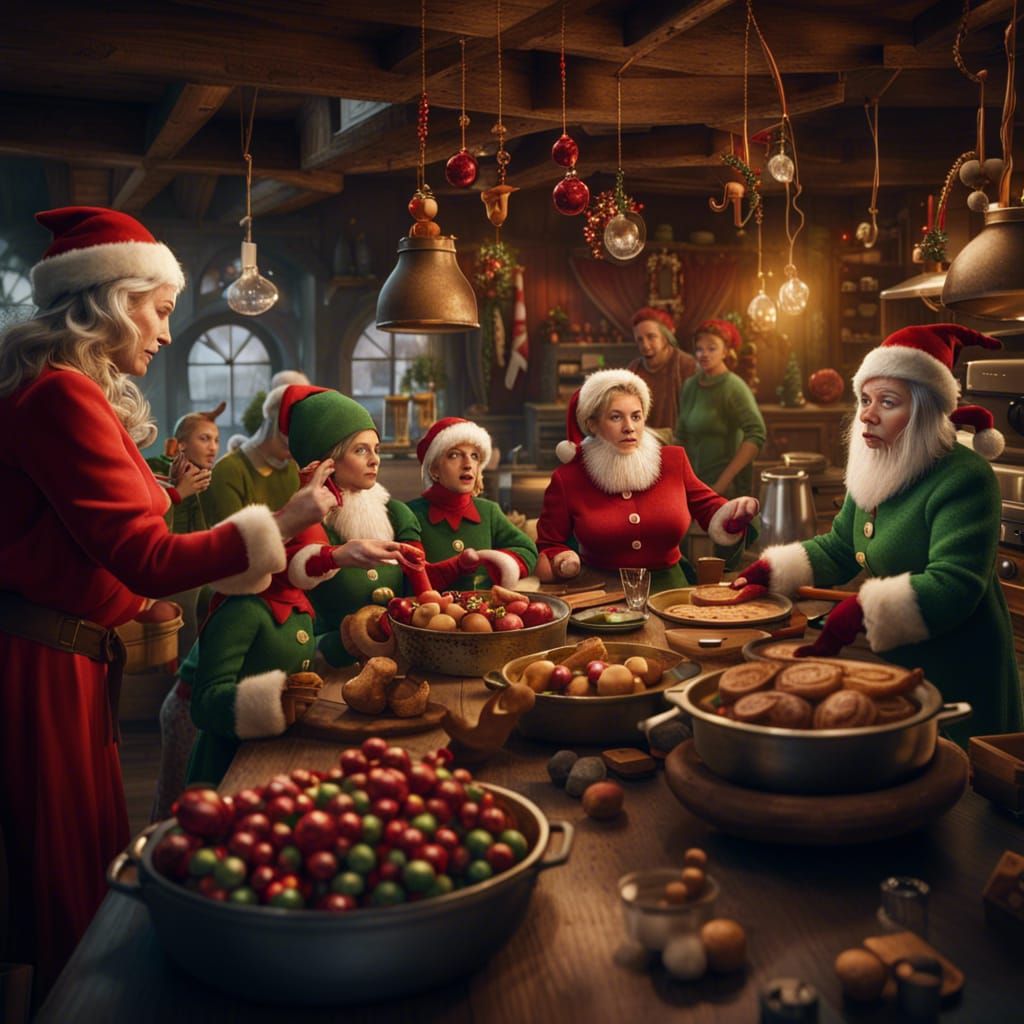 Christmas Elves in the North Pole Kitchen, Fanciful Dinner P...