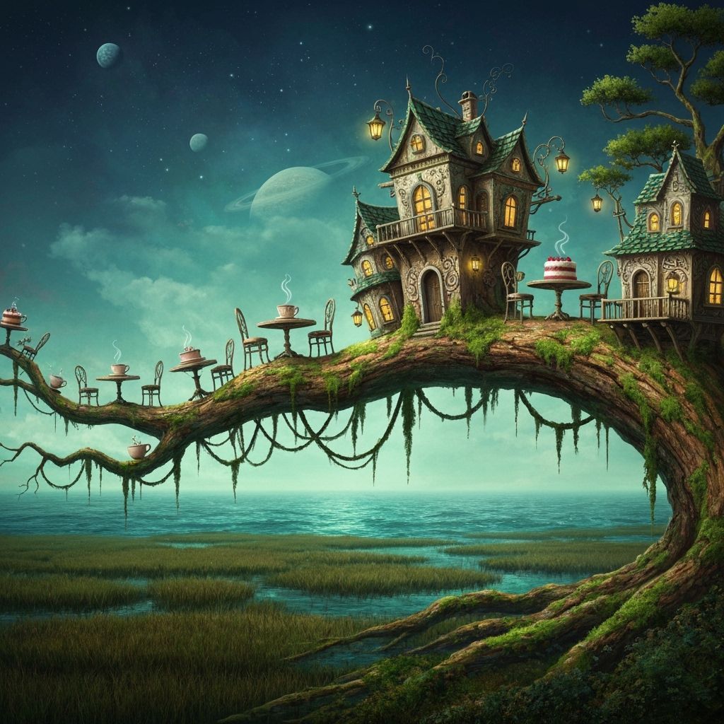 Surreal Cafe on Gnarled Tree Branch in Mystical Marsh