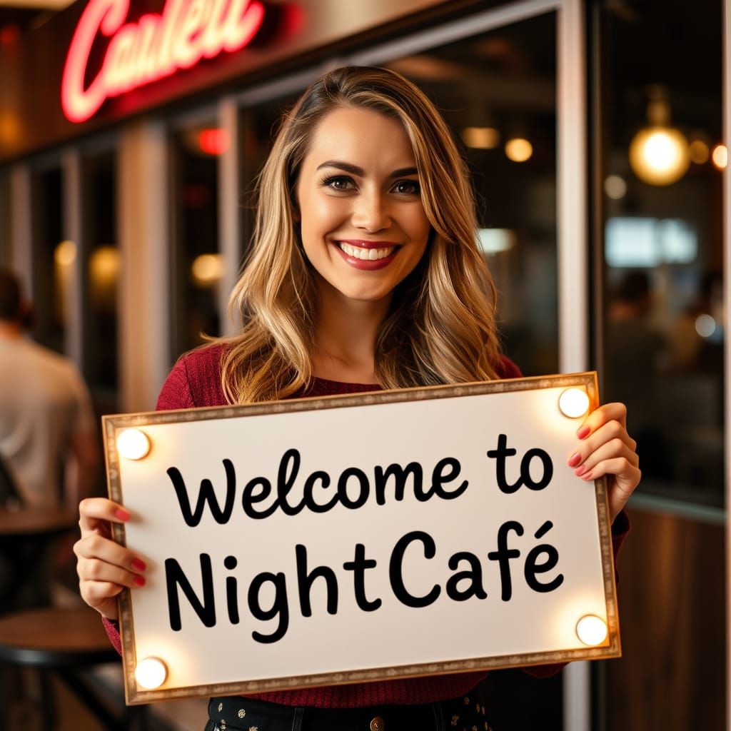 Elegant Woman Greets at NightCafe Entrance