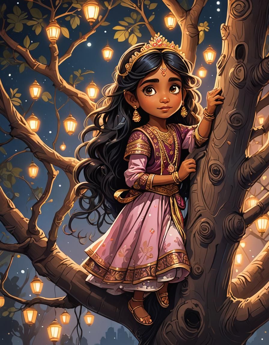 Whimsical Princess Reaches for Starlight in Nighttime Indian...
