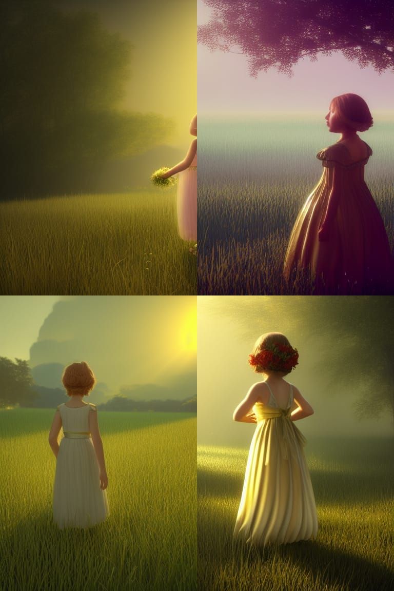 Romantic 3D Landscape with Gentle Flower Girl in Golden Hour