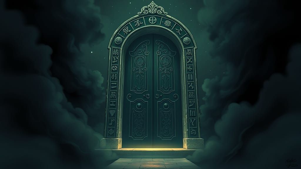 Mystical Doorway in Dark Eerie Fog