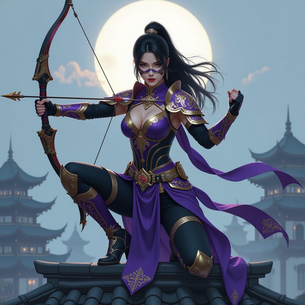 Asian Vigilante in Violet Armor with Energy Crossbow