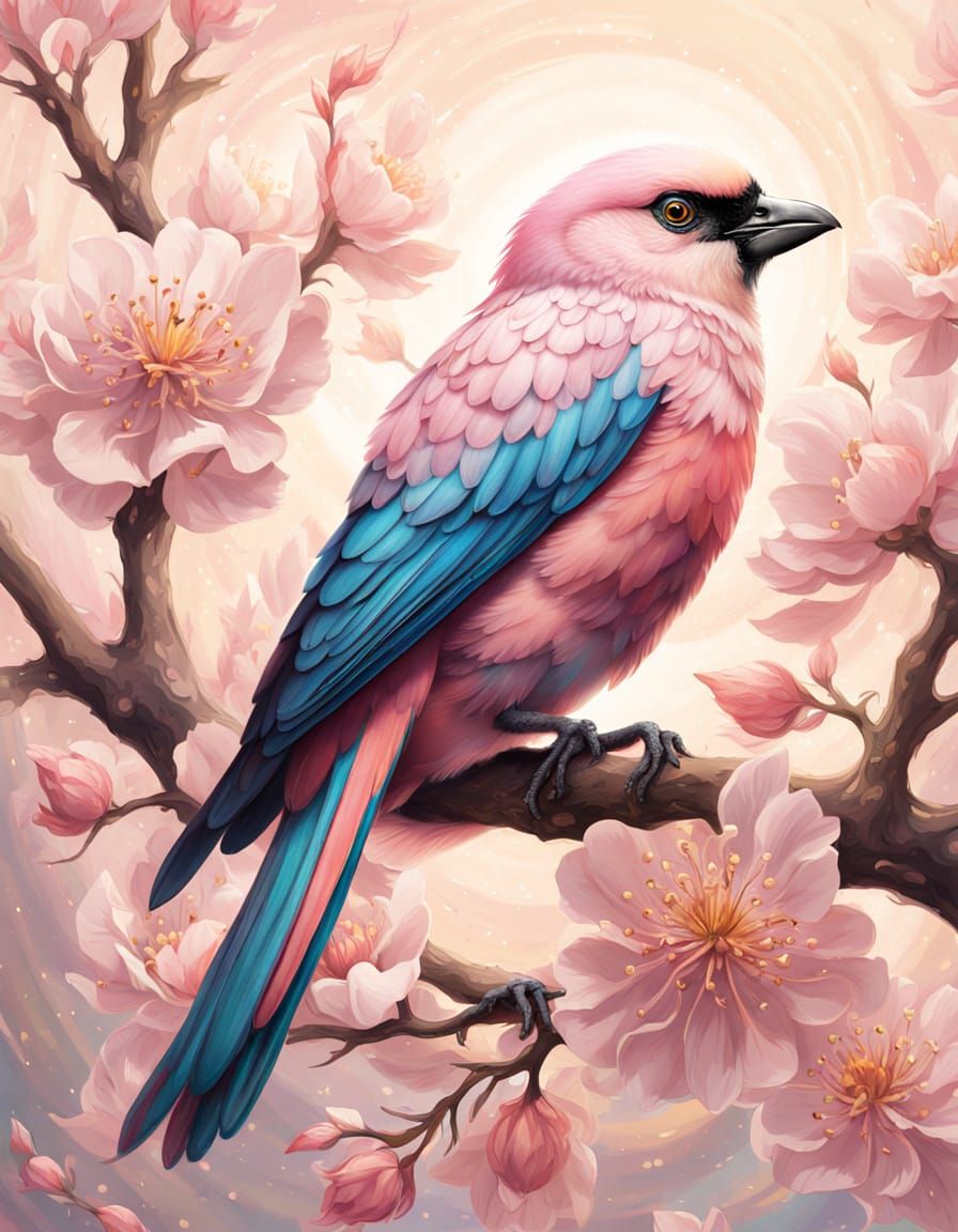 Iridescent Bird on Blossoms: Oil Painting Style