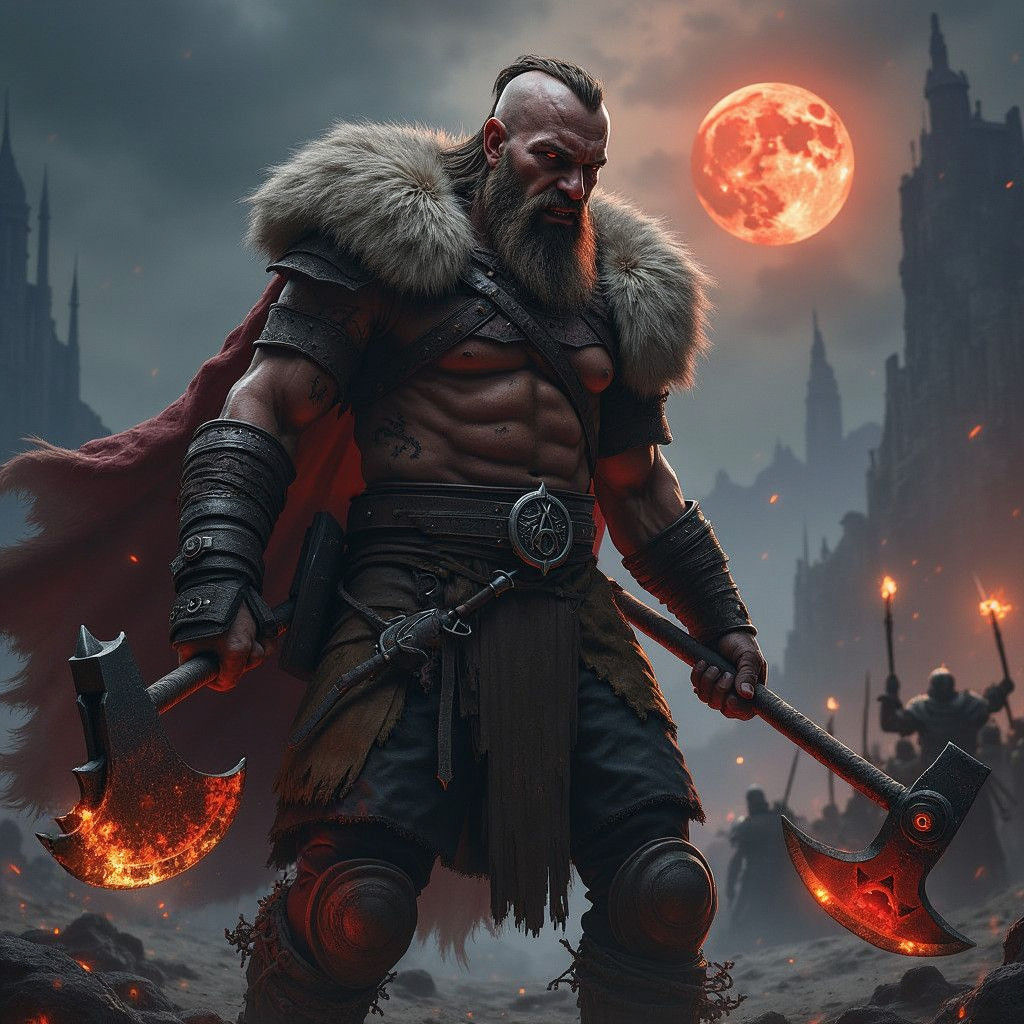 Furious Scandinavian Warrior Unleashes Fury Under Blood Moon