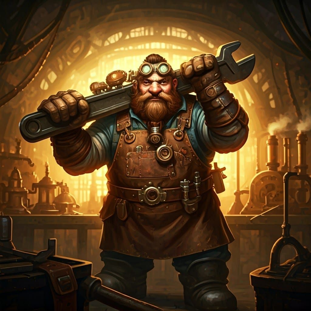 Ingenious Steampunk-Dwarf Mechanic in Golden Light