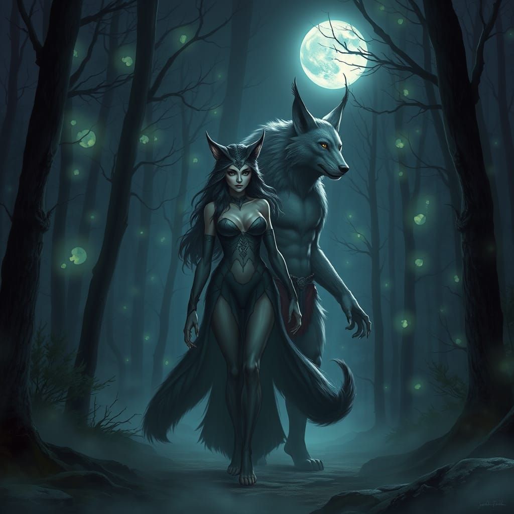 Lynx-Wolf Hybrids in Bioluminescent Forest