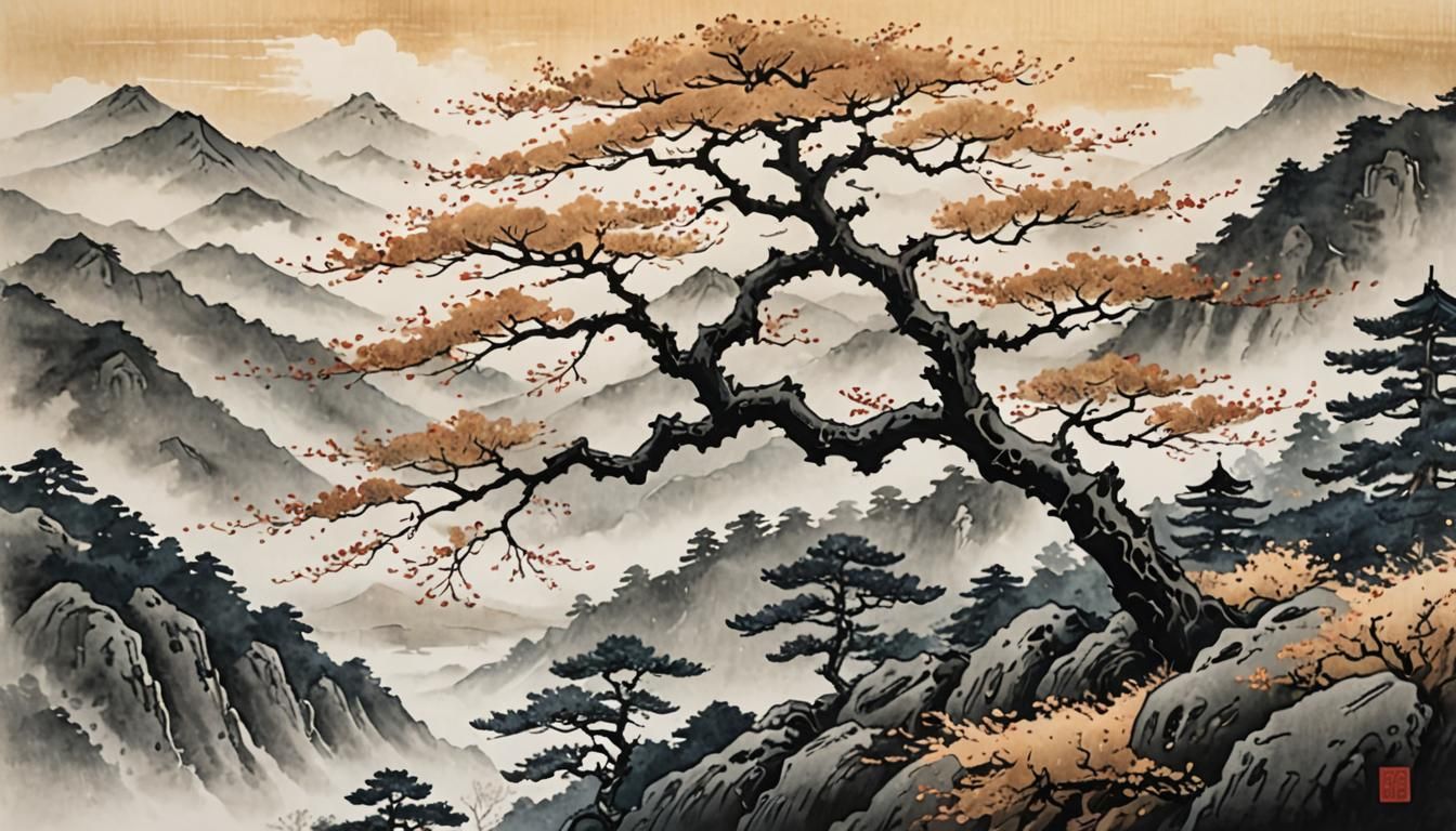 Traditional Japanese Cherry Blossom Tree in Soft, Muted Colo...