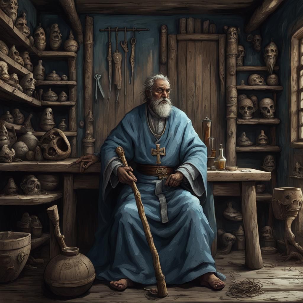 Ancient Blind Monk Meditates Amidst Whimsical Wood Carvings