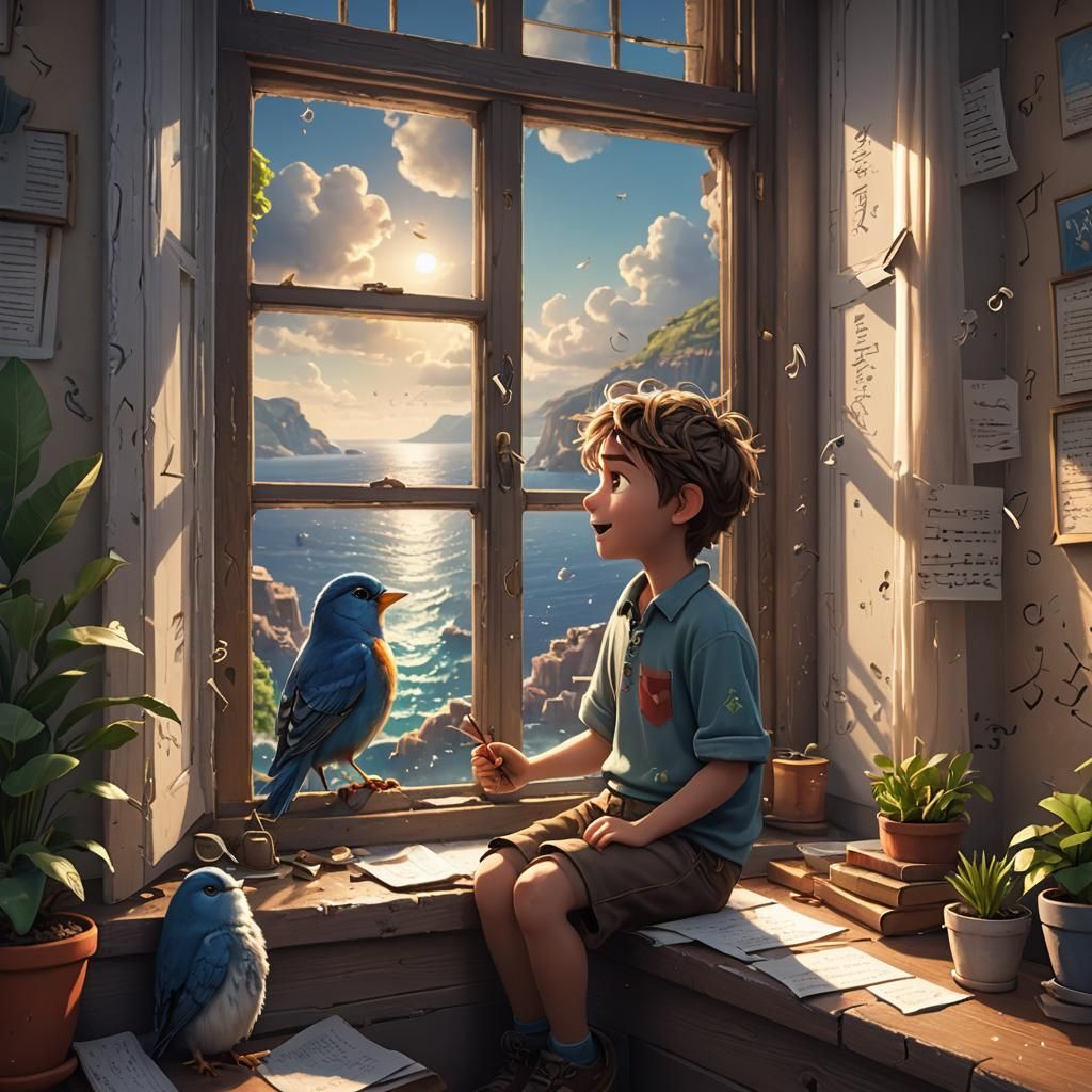 Singing Boy and Songbird in Vibrant Sea View, Pixar Style