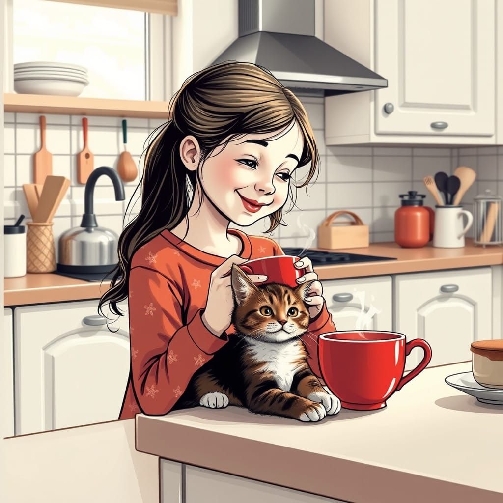 A Young Girl Serves Coffee in a Well-Organized Kitchen