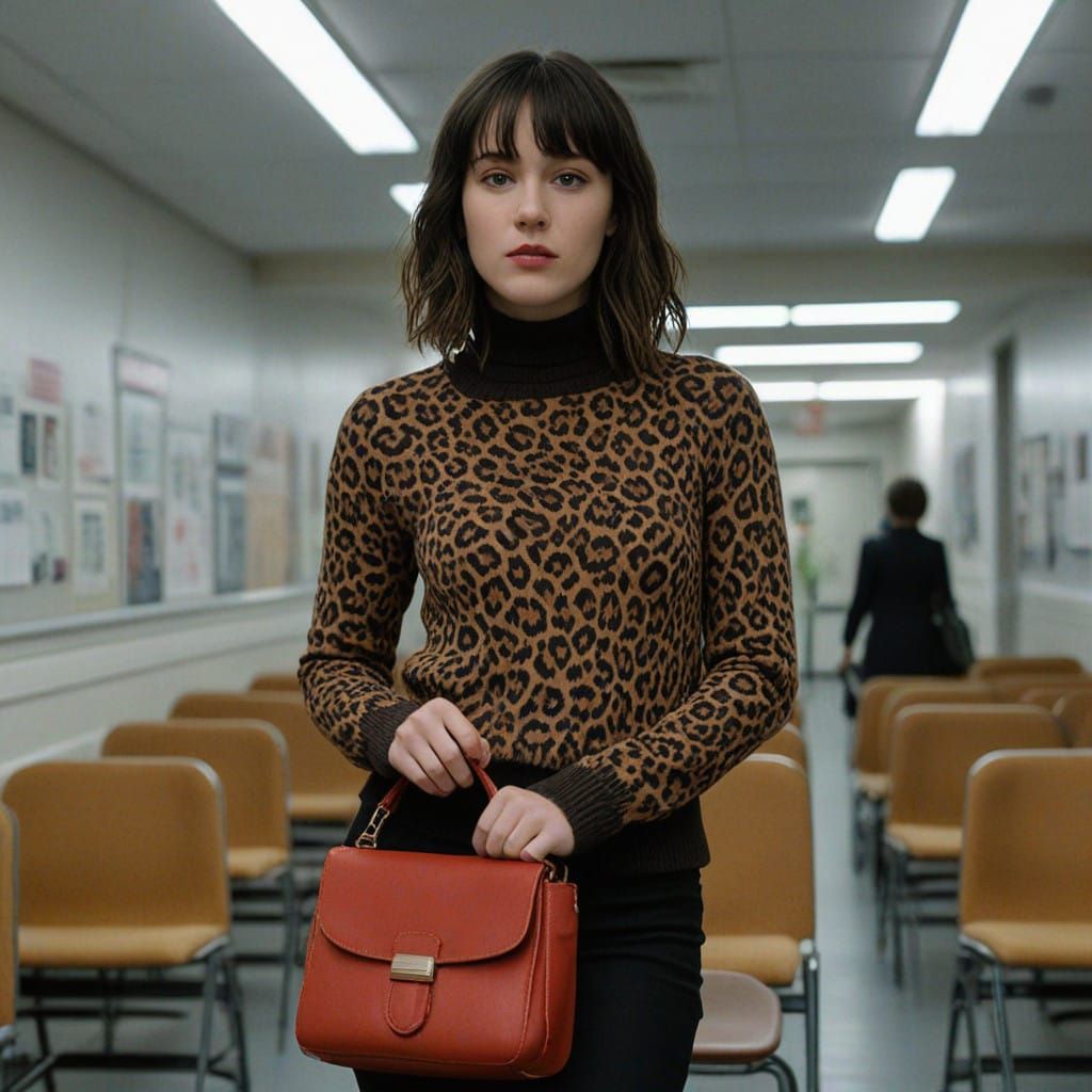 Confident Young Woman in Leopard Print Outfit, Makeup, and H...