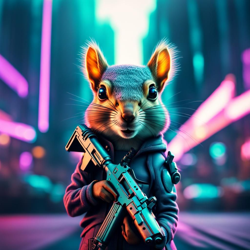 Cyberpunk Squirrel Soldier in Neon Cityscape
