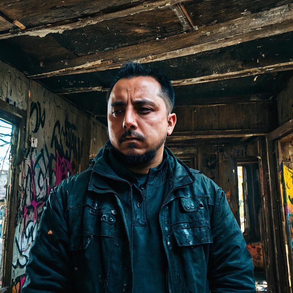 Grizzled Post-Apocalyptic Survivor in a Desolate Abandoned R...