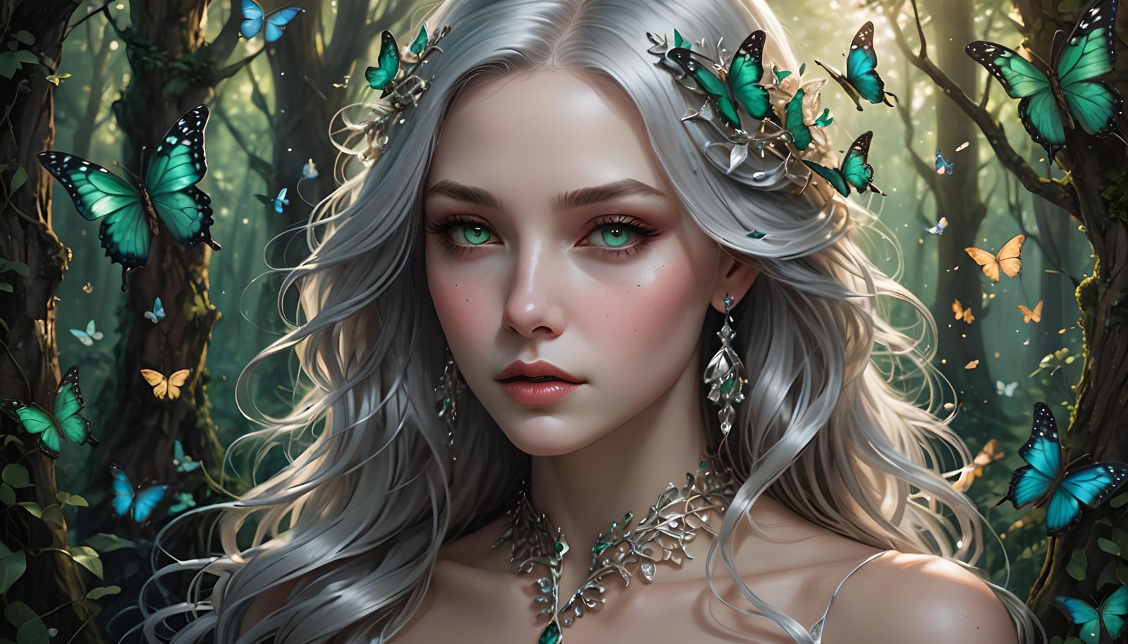 Ethereal Goddess in Enchanted Forest with Glowing Butterflie...