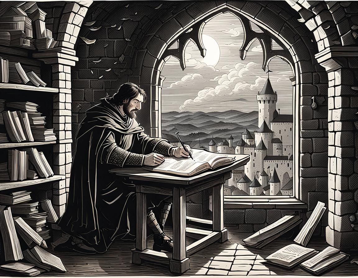 Medieval Author Writes in Castle Tower Amidst Storm