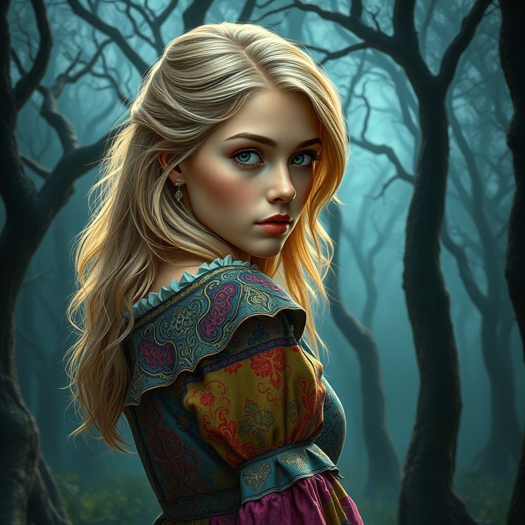 Young Woman in Vibrant Forest Setting Under Starry Night Sky...